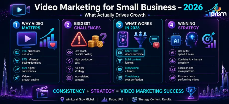 Video marketing trends infographic showing short-form video growth, AI-powered content creation, platform behavior, and scalable video strategies for brands in 2026.
