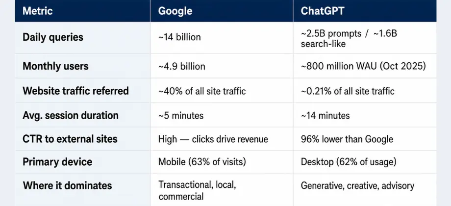 Comparison table showing Google vs ChatGPT metrics in 2026