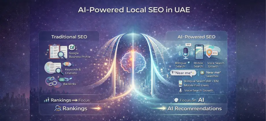 AI-powered local SEO in UAE infographic showing shift from rankings to AI-driven search and recommendations.