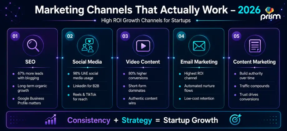 Startup marketing channels infographic showing SEO, social media, video marketing, email marketing, and content strategies for growth in 2026.