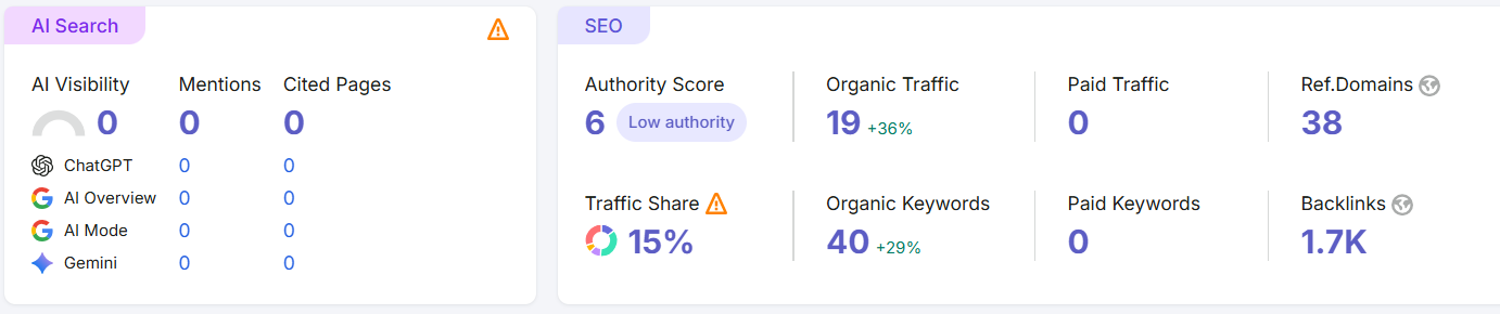 Domain overview dashboard showing website authority, traffic metrics, and SEO performance.