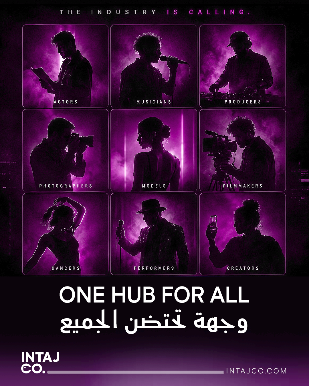 Intaj Co promotional poster showing performers, filmmakers, and dancers silhouetted against a large crowd with the slogan “One Hub for All” and “After Eid the journey starts here.