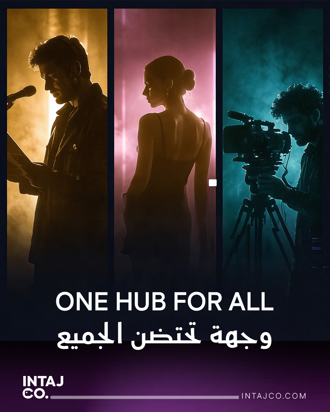 Three-panel Intaj Co poster featuring an actor at a microphone, a model in studio lighting, and a filmmaker operating a camera with the headline “One Hub for All.