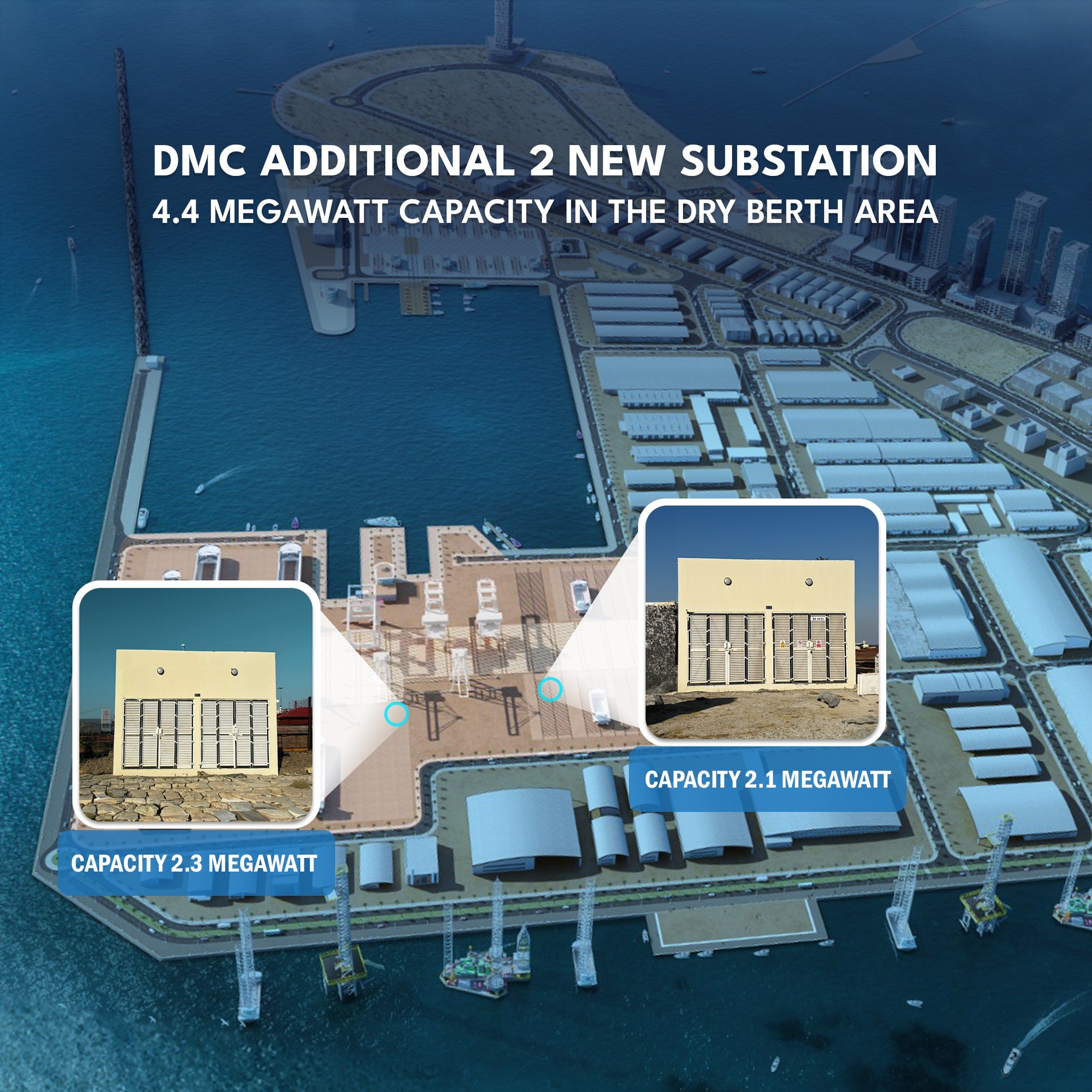 Aerial map of Dubai Maritime City showing potable water supply route from wet berth 5 to 9 in the operation yard
