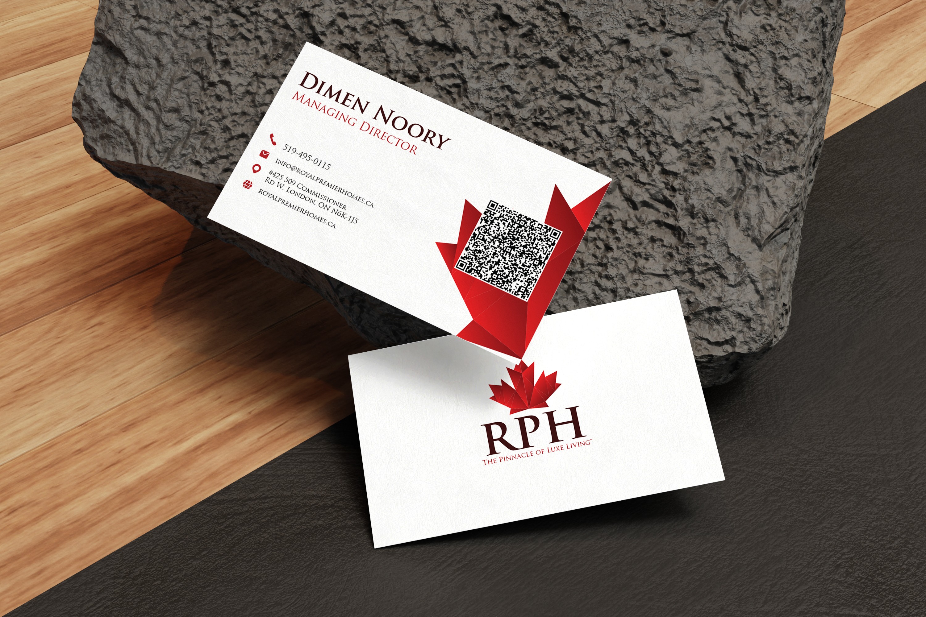Elegant RPH luxury property branding card design with red and white theme