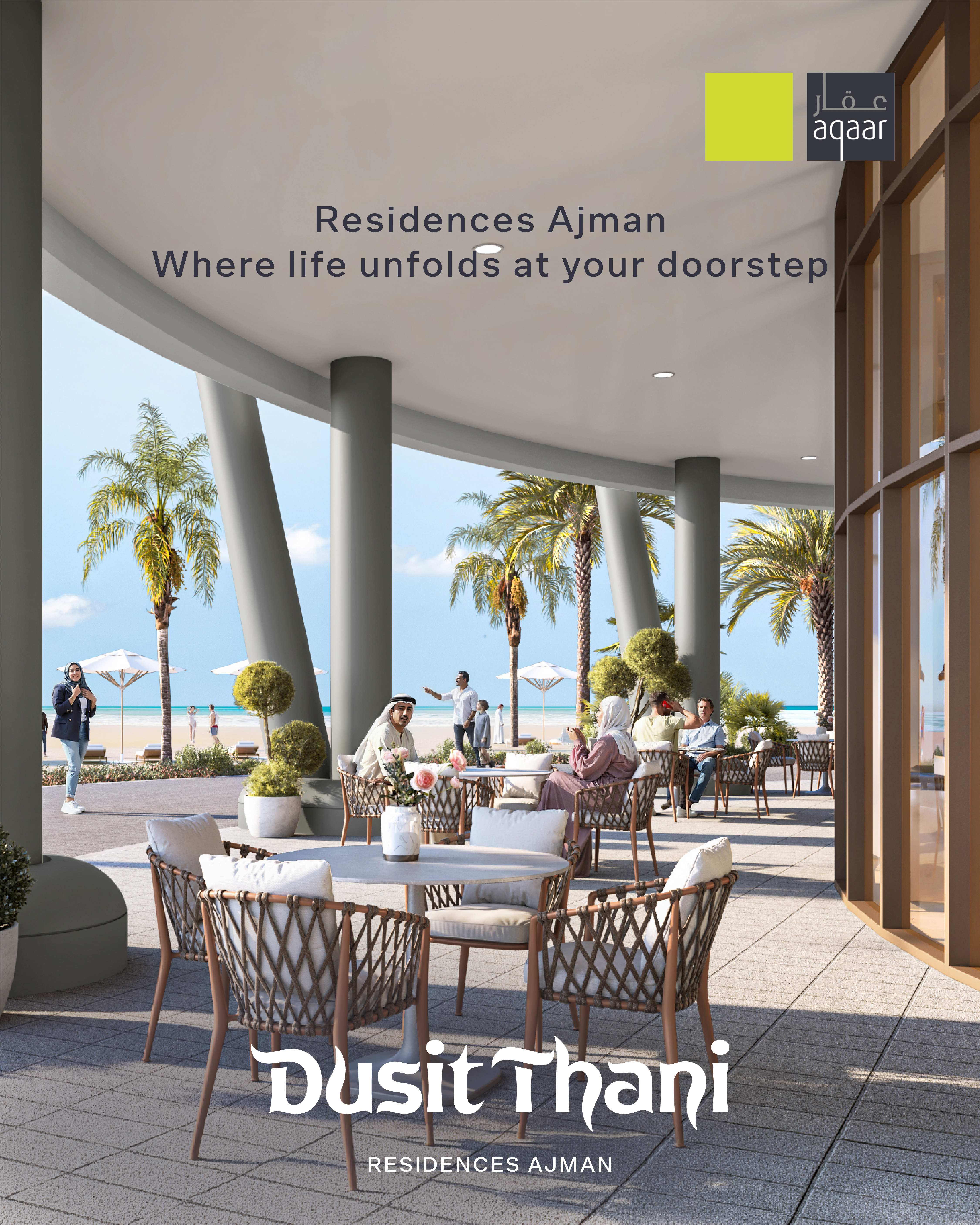 Elegant lobby and dining area at Dusit Thani Residences Ajman featuring modern chandeliers, refined interiors, and views of palm trees and the beachfront.