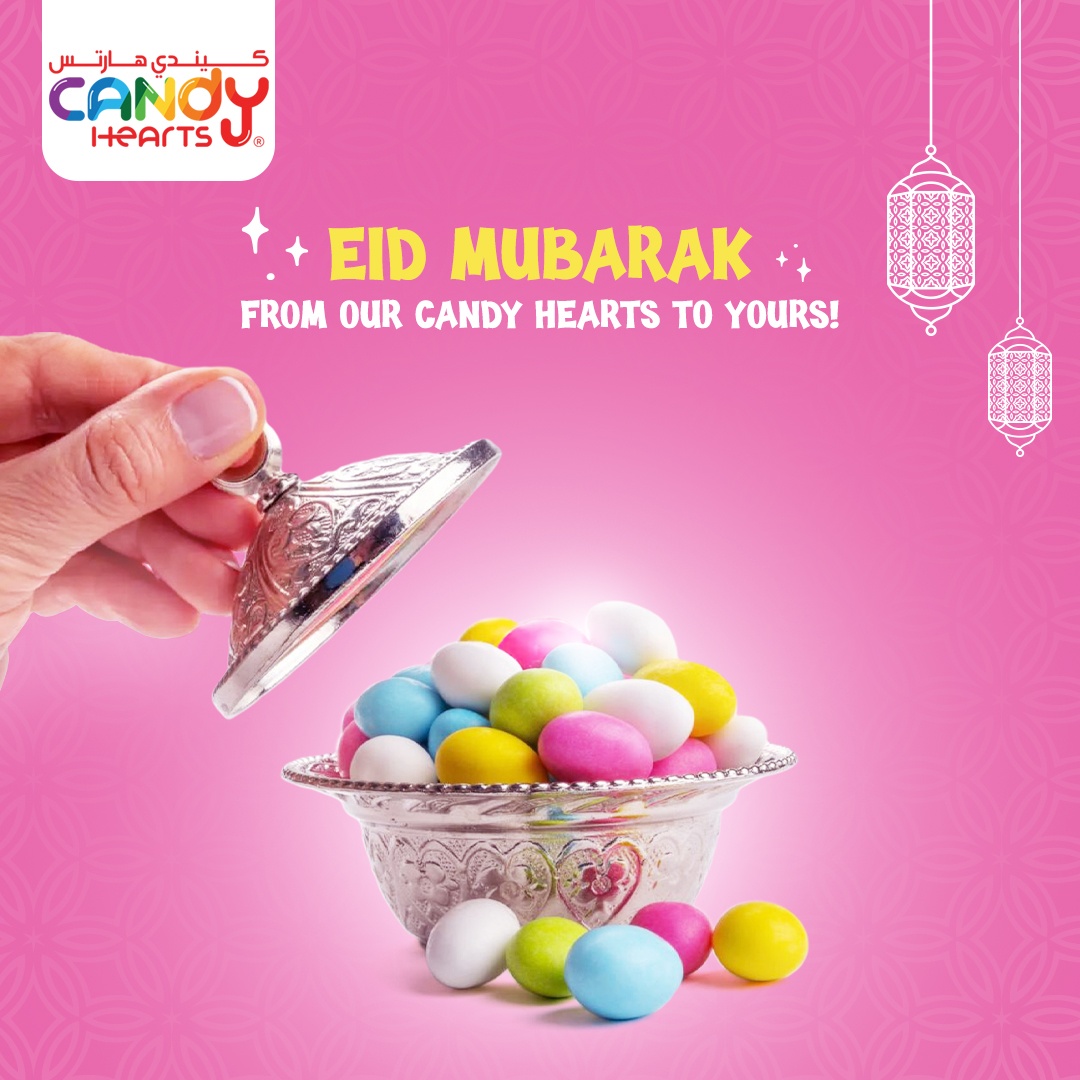 Candy Hearts – Eid Mubarak greeting with colorful sugar-coated candy in decorative