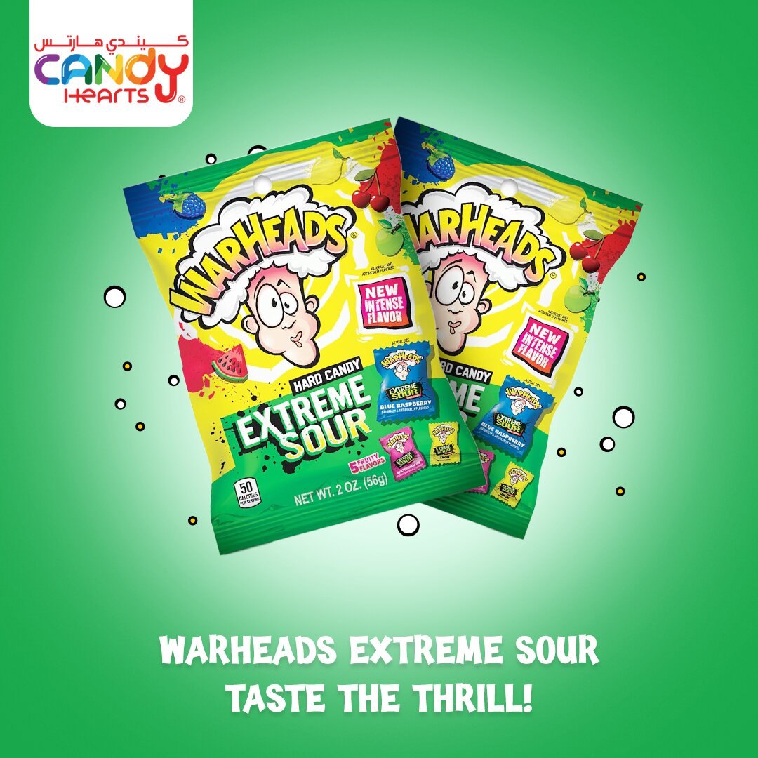 Candy Hearts – Warheads Extreme Sour hard candy with new intense flavor in 5 fruity flavors bag