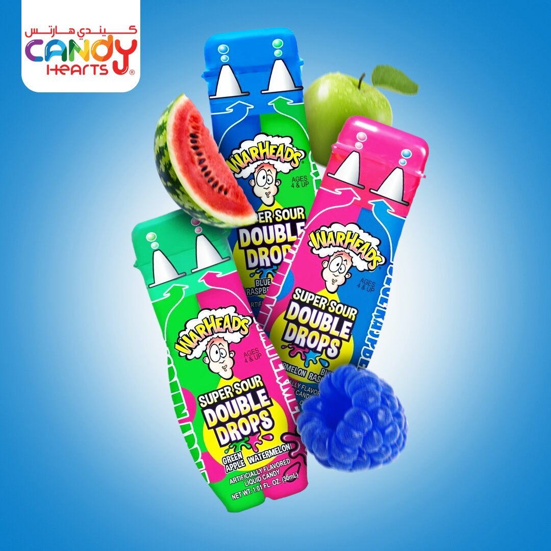 Candy Hearts – Warheads Super Sour Double Drops liquid candy in green apple watermelon and blue raspberry flavors