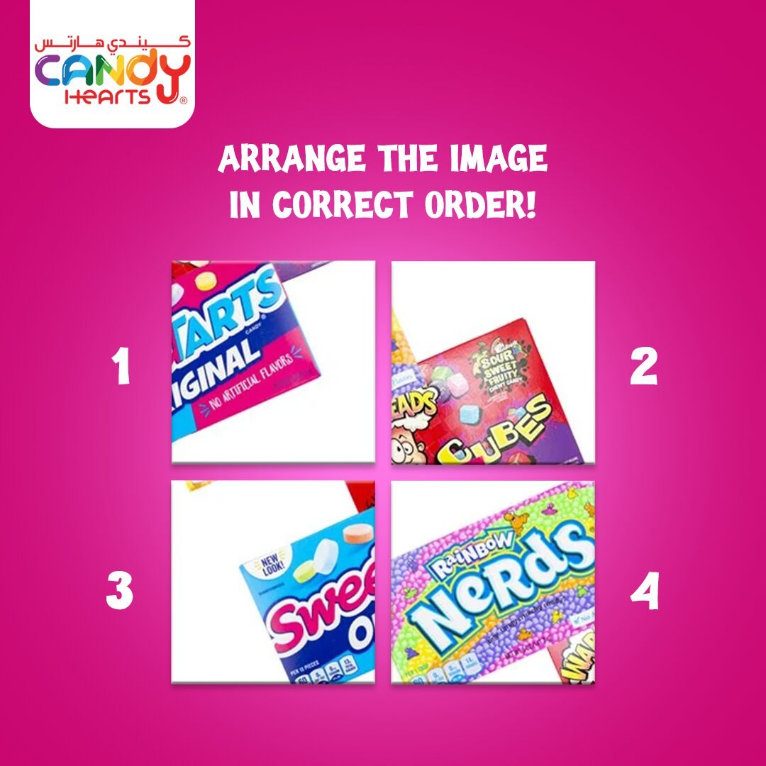 Candy Hearts – arrange candy image in correct order puzzle featuring Nerds Warheads Cubes and SweeTarts