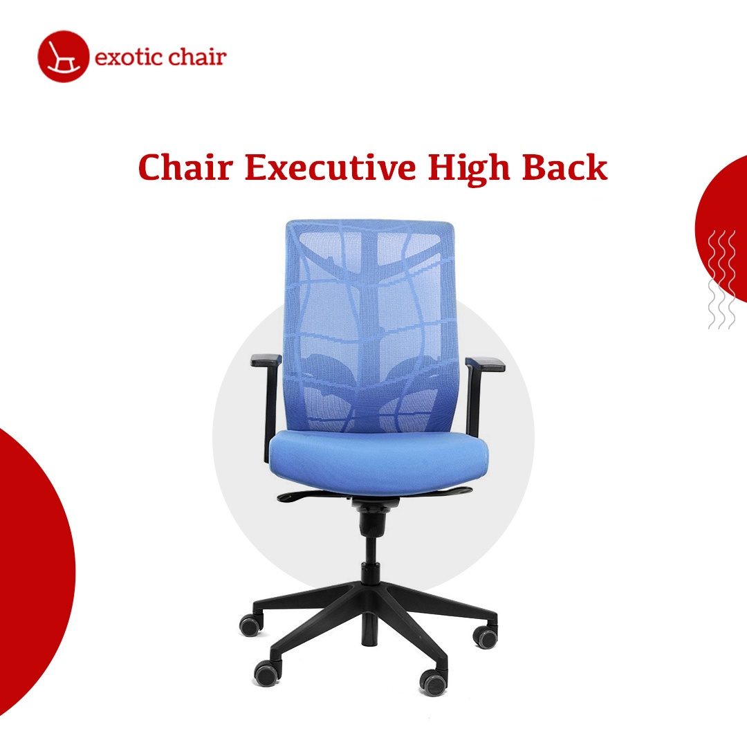 Exotic Chair – executive high back blue mesh office chair with black base and adjustable armrests