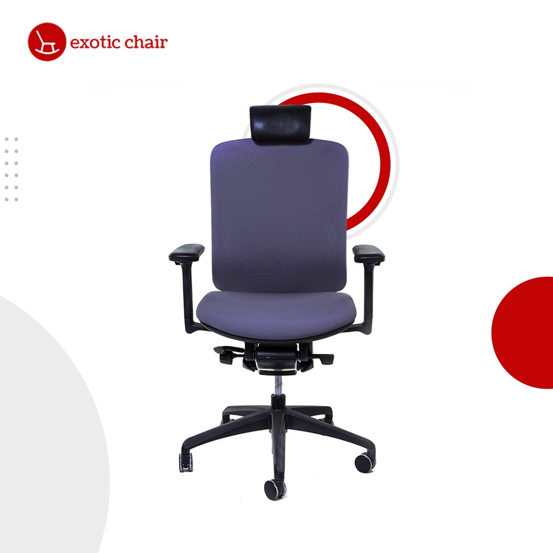Exotic Chair – grey fabric ergonomic office chair with headrest and adjustable armrests for comfortable seating