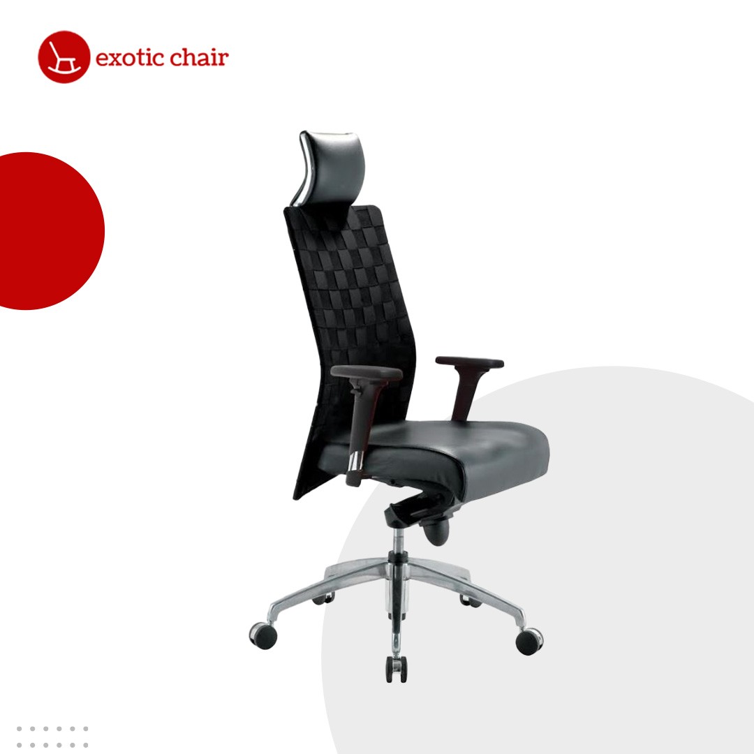 Exotic Chair – luxury black woven leather high back executive office chair with headrest and aluminium base