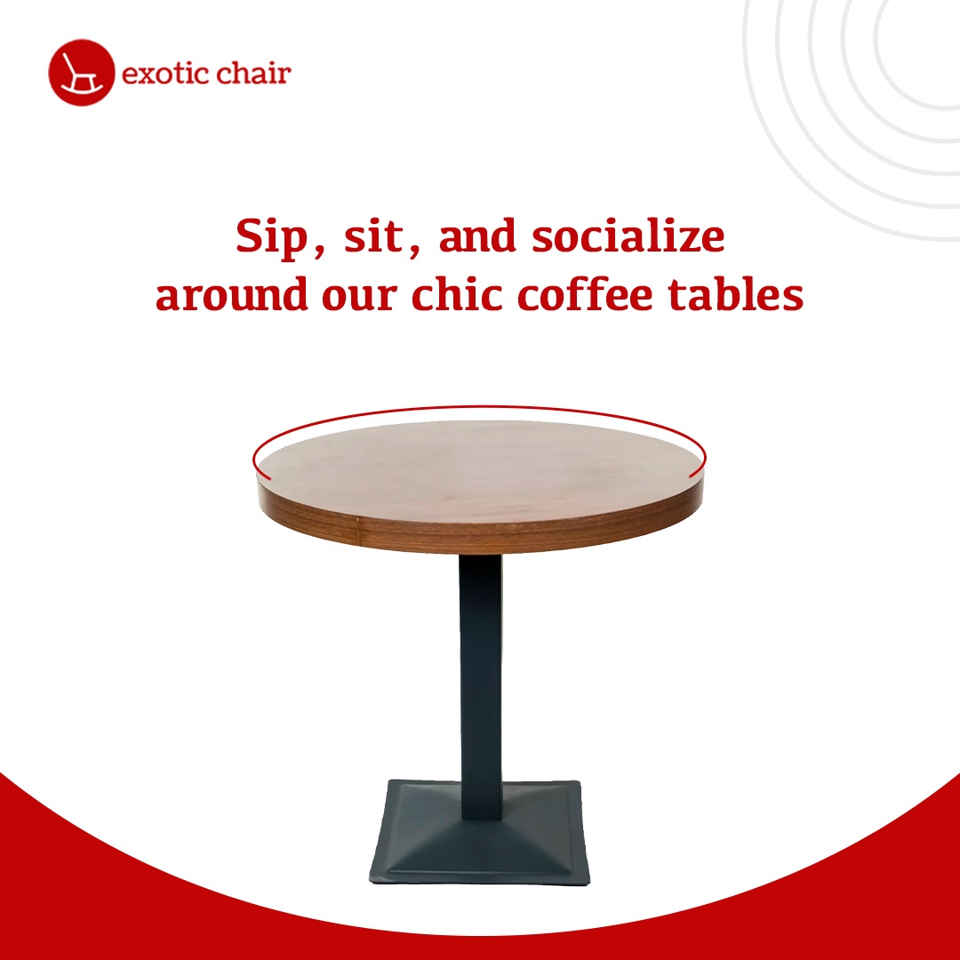 Exotic Chair – round wooden top coffee table with black metal pedestal base for cafes and offices