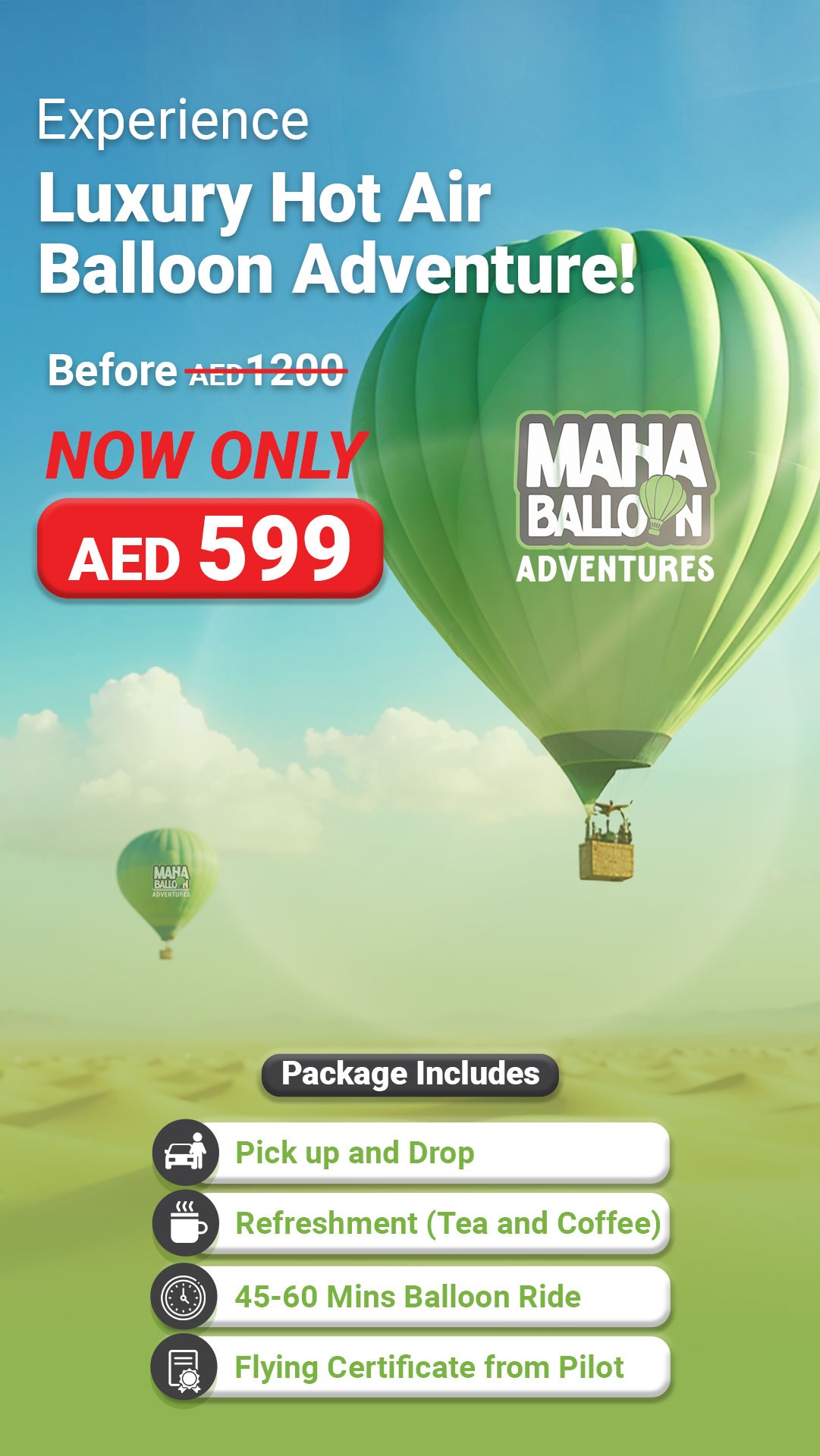 Maha Balloon Adventures Dubai – luxury hot air balloon ride package includes pickup drop refreshments 45-60 min ride and flying certificate