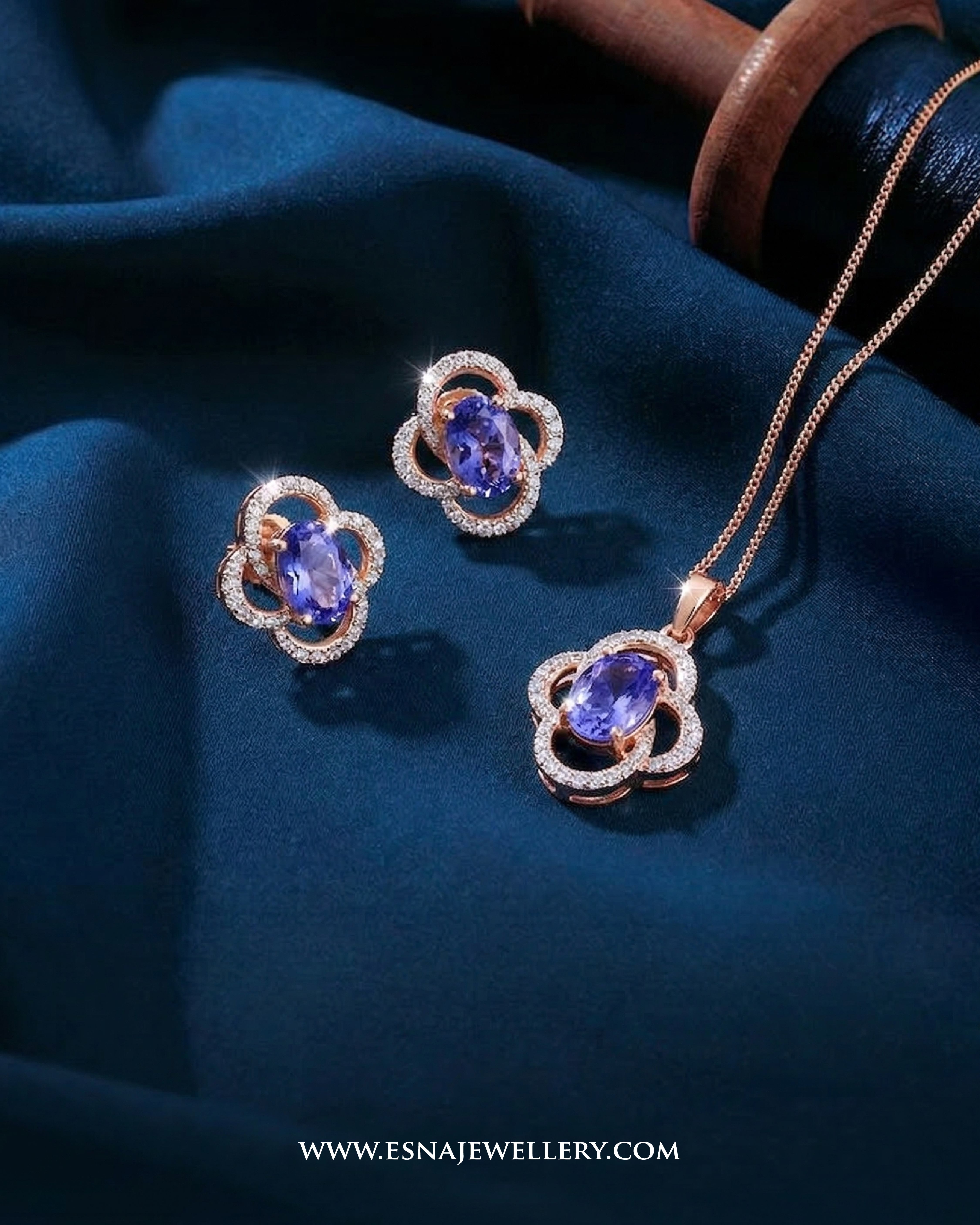 Diamond floral jewellery set by ESNA featuring necklace and earrings