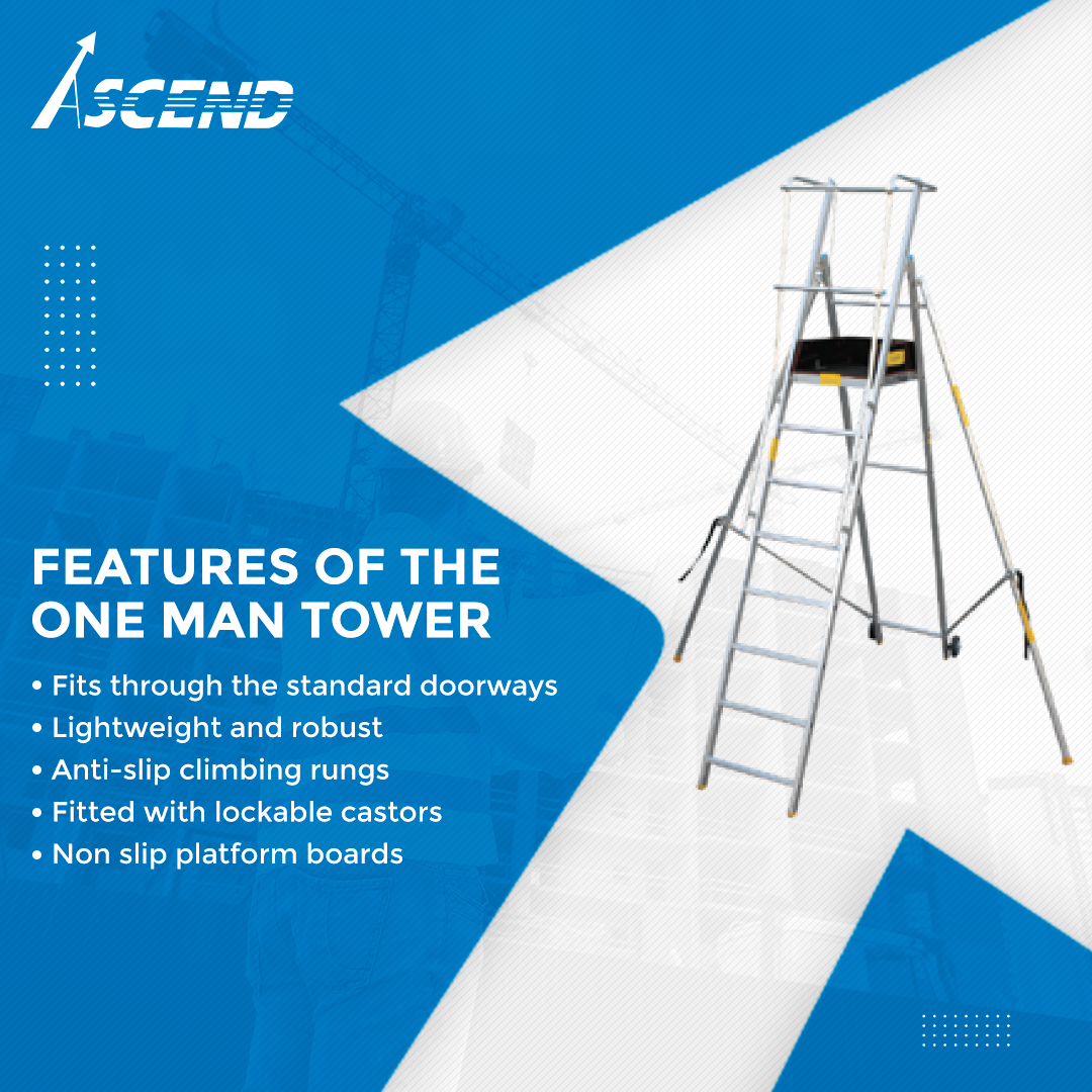 Ascend Fiberglass Hop Up Ladder with elevated work platform, blue accents, and wheeled base for easy mobility on job sites