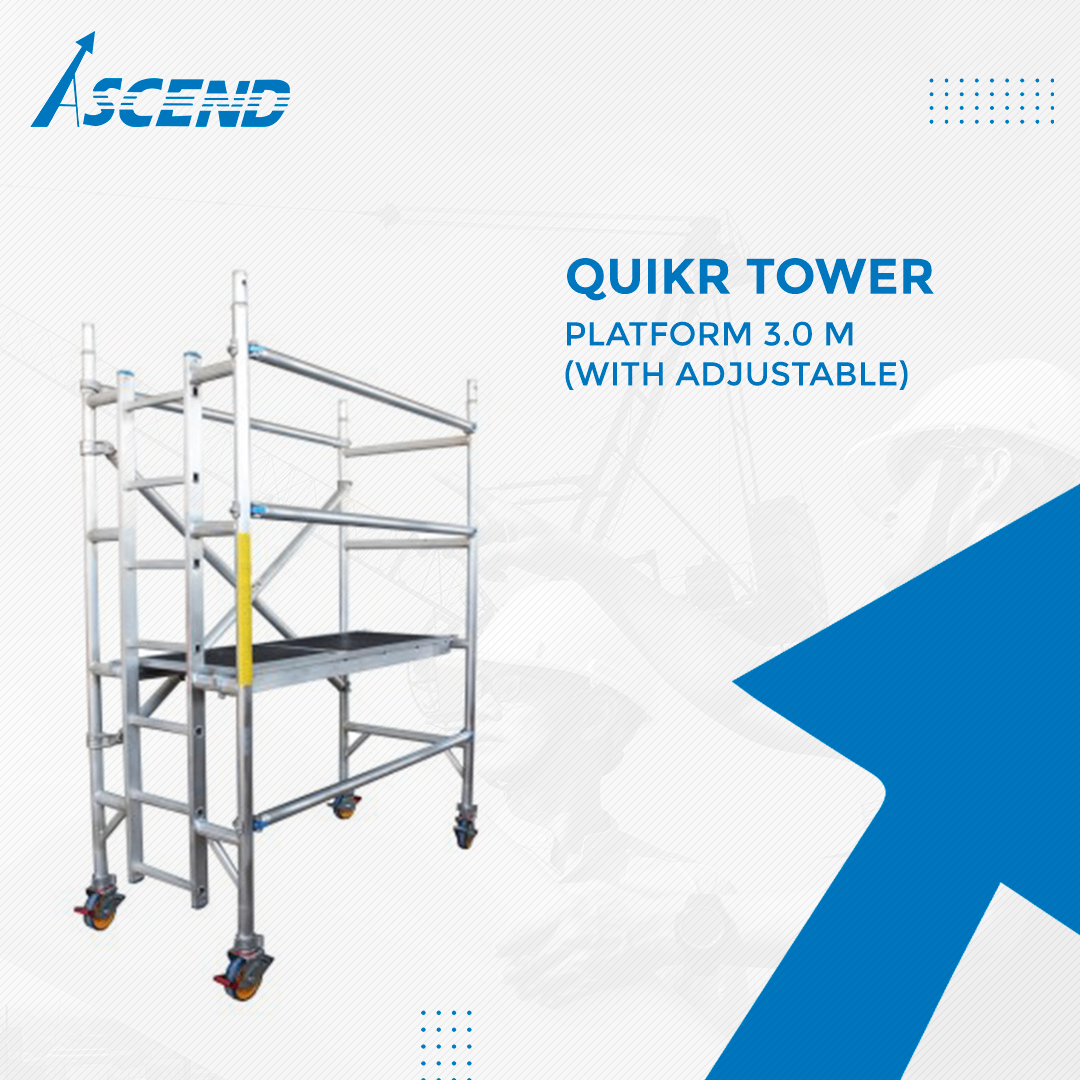 Ascend Quikr Tower aluminium modular scaffold with 3.0m adjustable platform, castor wheels, and guardrails for safe elevated work