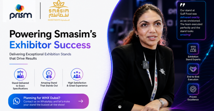 Smasim Investments testimonial showcasing exhibition stand success at Gulf Food with Prism Digital delivering custom stand design, execution, and brand activation services