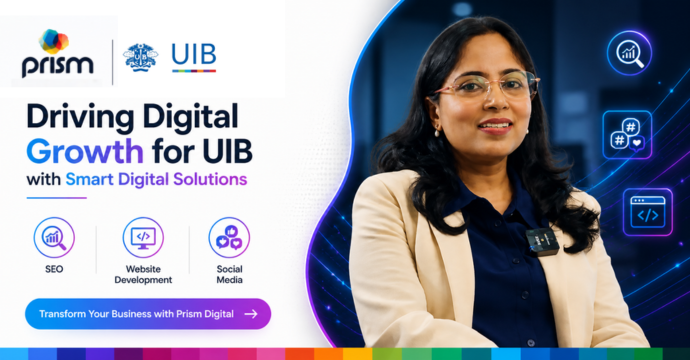 UIB testimonial featuring digital growth through Prism Digital services including SEO, social media marketing, and website development for improved online visibility