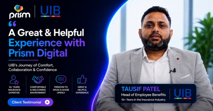 Tausif Patel from UIB testimonial sharing experience with Prism Digital for social media marketing, website development, digital branding, and professional corporate content production in Dubai