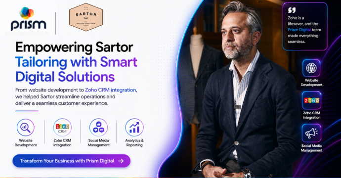 Sartor tailoring testimonial highlighting Prism Digital services including website development, Zoho CRM integration, social media management, and analytics for business growth