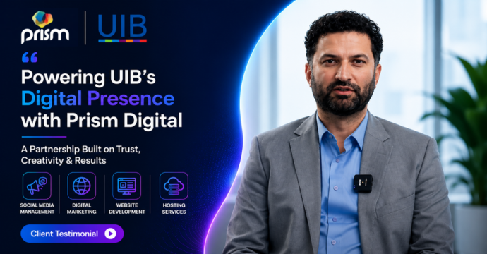 Zaheer from UIB testimonial discussing Prism Digital’s social media management, digital marketing, website development, hosting services, and professional corporate interview production in Dubai